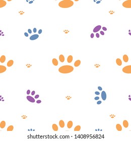 seamless pattern of paw prints of animals, dogs or cats, pets, purple yellow and blue flowers isolated on white background