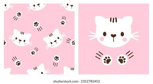 Seamless pattern with paw prints and cat kitten cartoons on pink background vector illustration. Cute childish print.