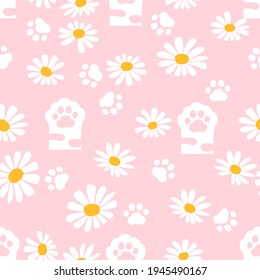 Seamless pattern with paw prints and daisy flower garden on pink background vector illustration.