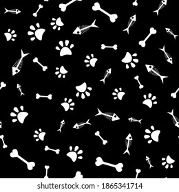 Seamless pattern with paw prints, fish skeletons and bones. Simple vector illustration.