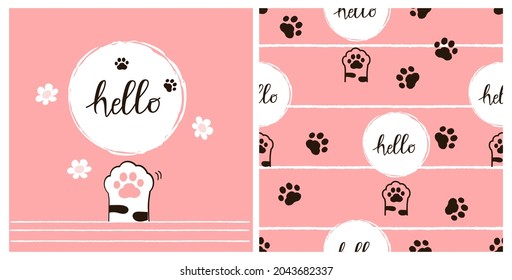 Seamless pattern with paw prints and hand written font on pink background vector illustration. 