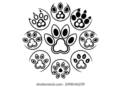 Seamless pattern with paw prints, incorporating various shapes for visual interest. Ideal for baby products, fabrics, stationery and pet accessories.