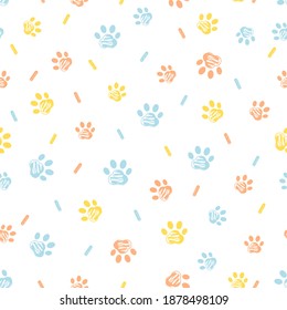 Seamless pattern with paw prints on white background vector illustration. Cute cartoon style.