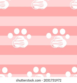 Seamless pattern with paw prints on pink stripe background vector illustration.