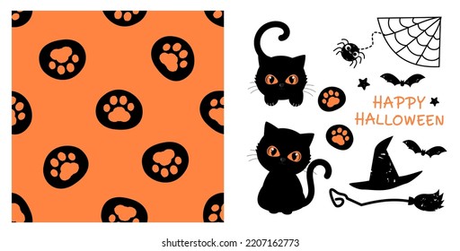 Seamless pattern with paw prints on orange background. Halloween icon set with black cat, hat, broom, bat, star, spider web and spider cartoon on white background vector illustration.