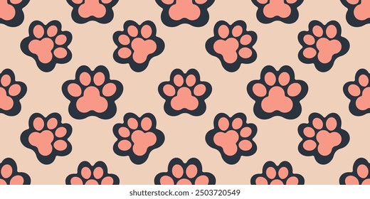 Seamless pattern of paws and cat toys. Vector illustration.