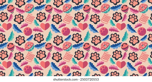Seamless pattern of paws and cat toys. Vector illustration.