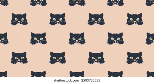 Seamless pattern of paws and cat toys. Vector illustration.