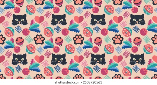 Seamless pattern of paws and cat toys. Vector illustration.