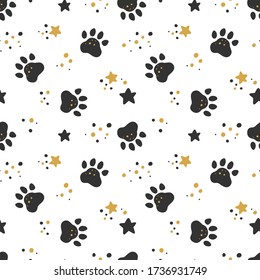 Patrón sin foco con patas. Estrellas y huellas de dibujos animados. Papel imprimible de cuadernillo. Bebé animal. Bebé ducha neutra. Impresión vectorial plana para niños.