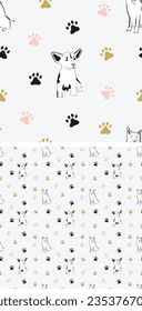 Seamless pattern with paws, mixed-breed dog in one color, line art style, white and black illustration. Dog stroke outline. Hand-drawn doodles, Simple dog graphic, artistic pet logo. Birthday present.