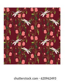 Seamless pattern with pea plants and dragonflies