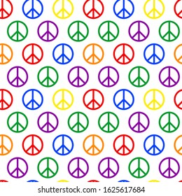 Seamless pattern with peace sign colored in LGBT rainbow flag on white background. Vector illustration.