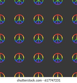 Seamless pattern with peace sign colored in LGBT rainbow flag on dark gray background. Vector illustration.