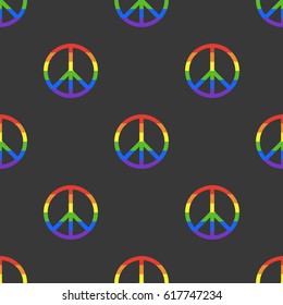 Seamless pattern with peace sign colored in LGBT rainbow flag on dark gray background. Vector illustration.