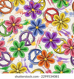 Seamless pattern with peace sign, colorful chamomile flowers, brush strokes, smudge paint, paint splatter. Groovy, hippie, naive style. Good for apparel, fabric, textile, surface design.