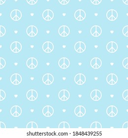 Seamless pattern of peace symbol with hearts on blue background vector illustration. Flat design for print.