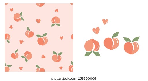 Seamless pattern of peach apricot fruit with green leaves and hand drawn hearts on orange background. Set of peach icons.