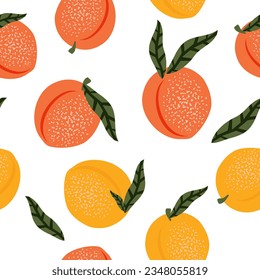 Seamless pattern of peach and apricot fruits. Summer tropical atmosphere with white background for contemporary fabrics, textiles. Vector.