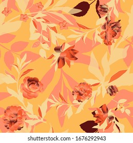 Seamless pattern with peach, beige roses and leaves on orange, tangerine background. Tropical flowers, lily. Vector illustration with plants. EPS 10