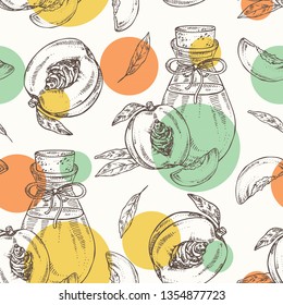 Seamless pattern with peach and bottle of peach essential oil. Cosmetic, perfumery and medical plant. Vector hand drawn
