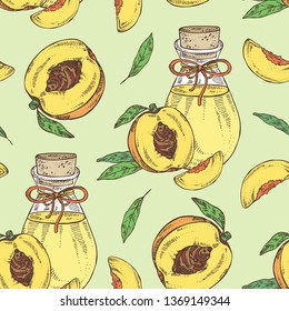 Seamless pattern with peach and bottle of peach essential oil. Cosmetic, perfumery and medical plant. Vector hand drawn