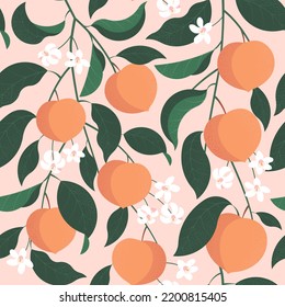 seamless pattern with peach branches with leaves and flowers on pink background