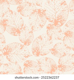 Naadloos patroon met perzikkleurenbladeren stempels. Natuur grunge achtergrond. Floral inkt herhaal ontwerp.