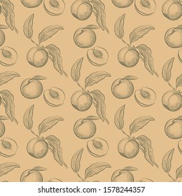 Seamless pattern with peach in engraving vintage style. 
Can be used for label, banner, fabric, tablecloth, gift wrap or other