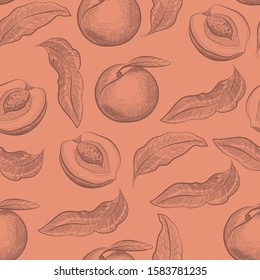 Seamless pattern with peach in engraving vintage style. 
Can be used for label, banner, fabric, tablecloth, gift wrap or other