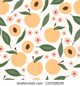 Seamless pattern with peach, flower and leaves.