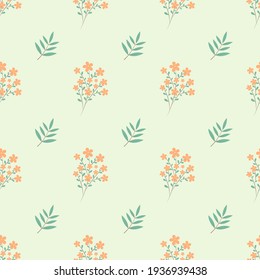 Seamless pattern with peach flowers and greenery on a light background. A summery, minimalistic pattern for wrapping paper, stationery, textiles, backgrounds, and websites. Vector pattern.