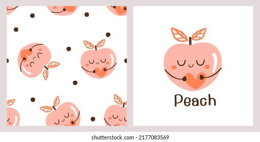 Patrón sin foco con dibujos animados de frutas de melocotón, corazones y puntos sobre la ilustración vectorial de fondo blanco. Huella infantil. 