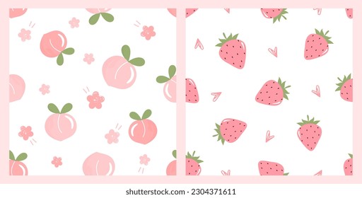 Seamless pattern of peach fruit with cute flower on white background. Seamless pattern with strawberry and hand drawn hearts on white background vector illustration. Cute fruit print.