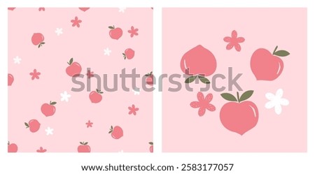 Seamless pattern with peach fruit and cute flower on pink background. Peach apricot fruit icon signs and flower vector. 