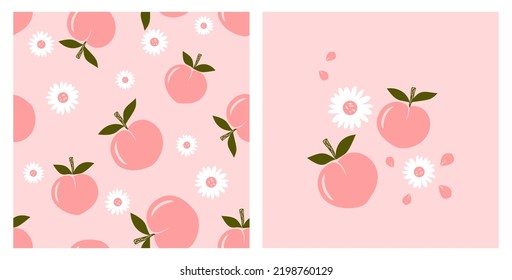 Seamless pattern with peach fruit and daisy flower on pink background vector illustration.