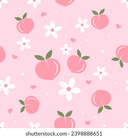 Seamless pattern with peach fruit, daisy flower and white flower on pink background vector illustration.