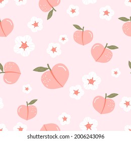 Seamless pattern with peach fruit and flower on pink background vector illustration.