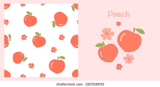 Seamless Pattern With Peach Fruit And Flower On White Background. Set Of Peach Fruit And Flower Icon Logo On Pink Background Vector Illustration.