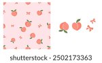 Seamless pattern of peach fruit with green leaves and ribbon bow on pink background. Peach fruit and pink ribbon bow icon set isolated on white background vector.