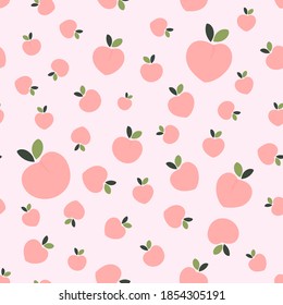 Seamless pattern of peach fruit with green leaves on pink background vector illustration.