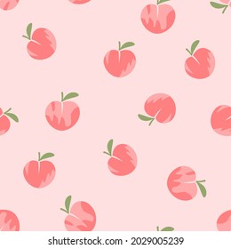 Seamless pattern of peach fruit and green leaves on pink background vector illustration. Cute fruit print.