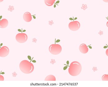 Seamless pattern of peach fruit, green leaves and small flower on pink background vector illustration.