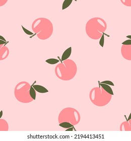 Seamless pattern of peach fruit with green leaf on pink background vector illustration. Cute fruit print. 