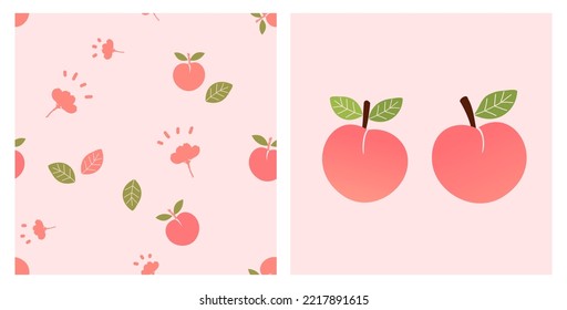 Seamless Pattern With Peach Fruit, Green Leaves And Flower On Pink Background. Cute Peach Fruit Icon Vector Illustration.