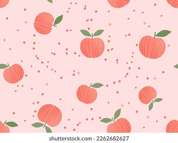 Patrón sin foco con fruto de melocotón y hojas verdes en la ilustración del vector de fondo rosa. Huella de fruta.