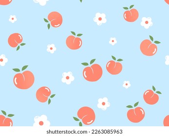 Seamless pattern with peach fruit, green leaves and white flower on blue background vector illustration. Cute fruit print.