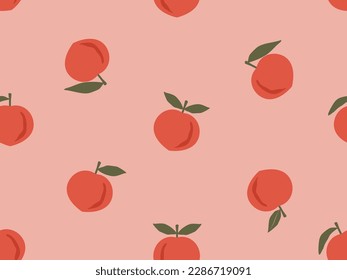 Seamless pattern with peach fruit with green leaves on pink background vector illustration. Cute fruit print.