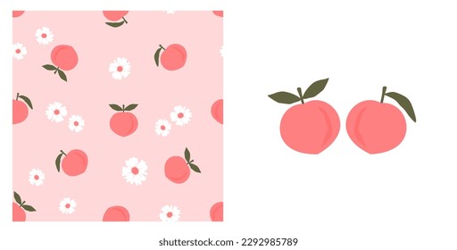 Seamless pattern of peach fruit with green leaves and cute flower on pink background vector illustration.