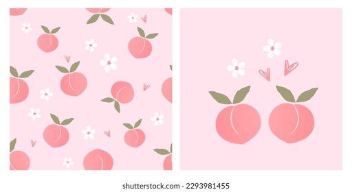 Seamless pattern with peach fruit, green leaves, hand drawn hearts and cute flower on pink background. Pink peach icon sign vector. 